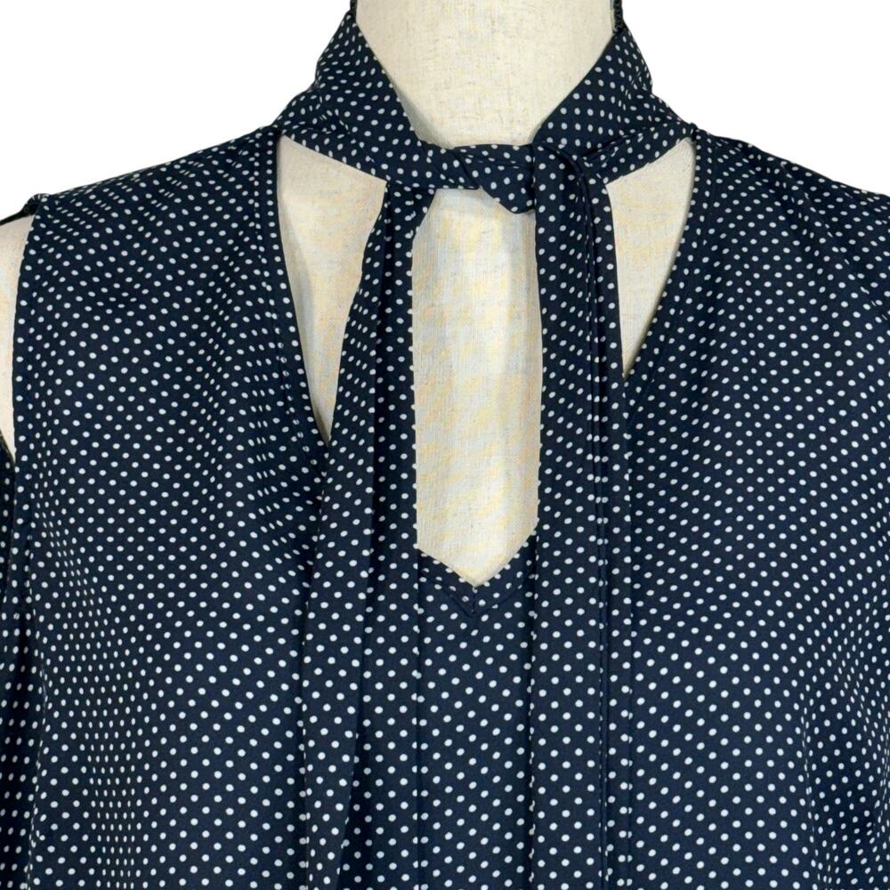 Adrianna Papell Large Top Sleeveless Lightweight Polka Dot Tie Scarf V-Neck Navy - Picture 2 of 8